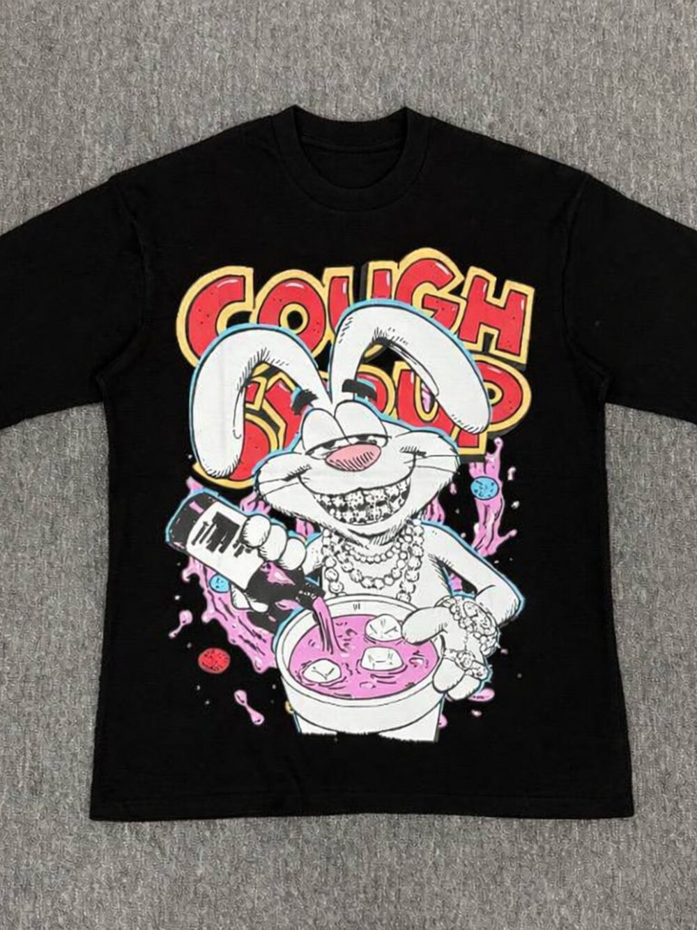 Cartoon Bunny Mascot Bowl Graphic Tee Black Oversized Streetwear Short Sleeve